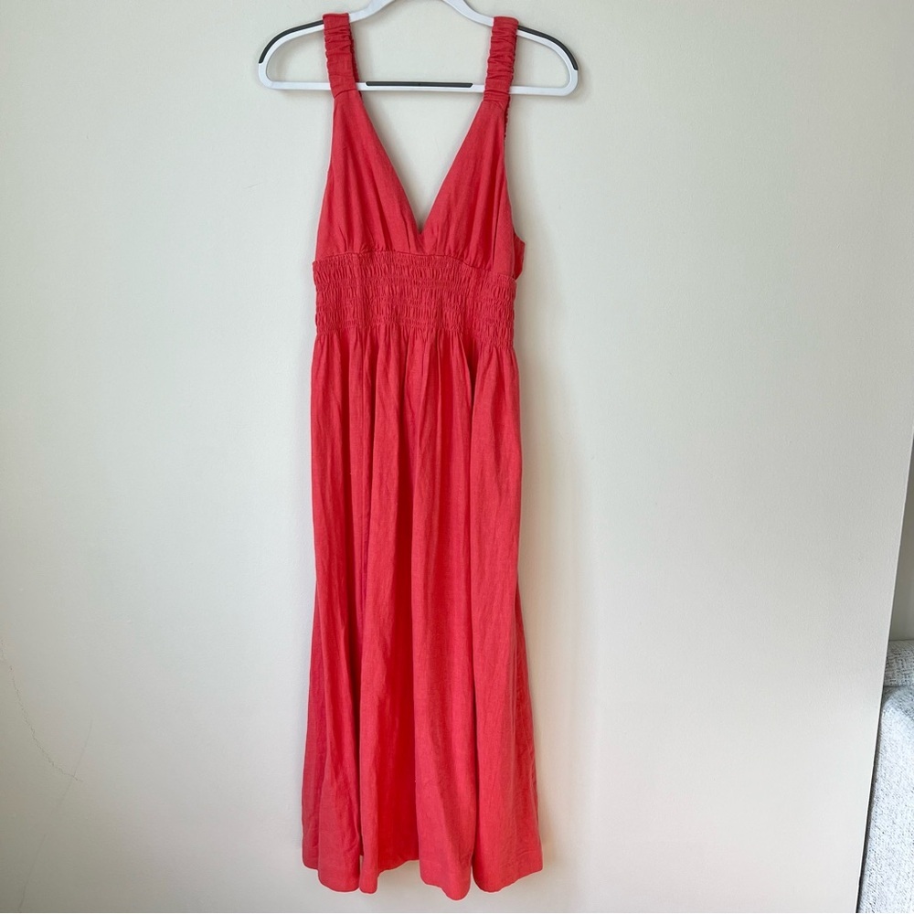 Abercrombie Scrunchie Strap Plunge Linen Maxi Dress Salmon Pink